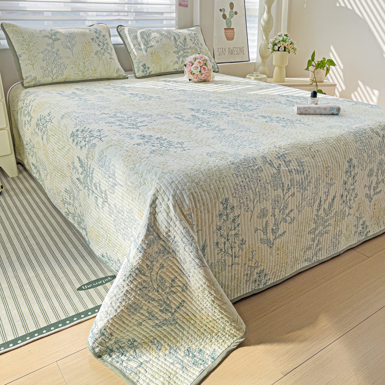 91家纺网 家纺一手货源 找家纺 暖萌 2025新款A类全棉棉花床盖印花三件套 幽兰花谷