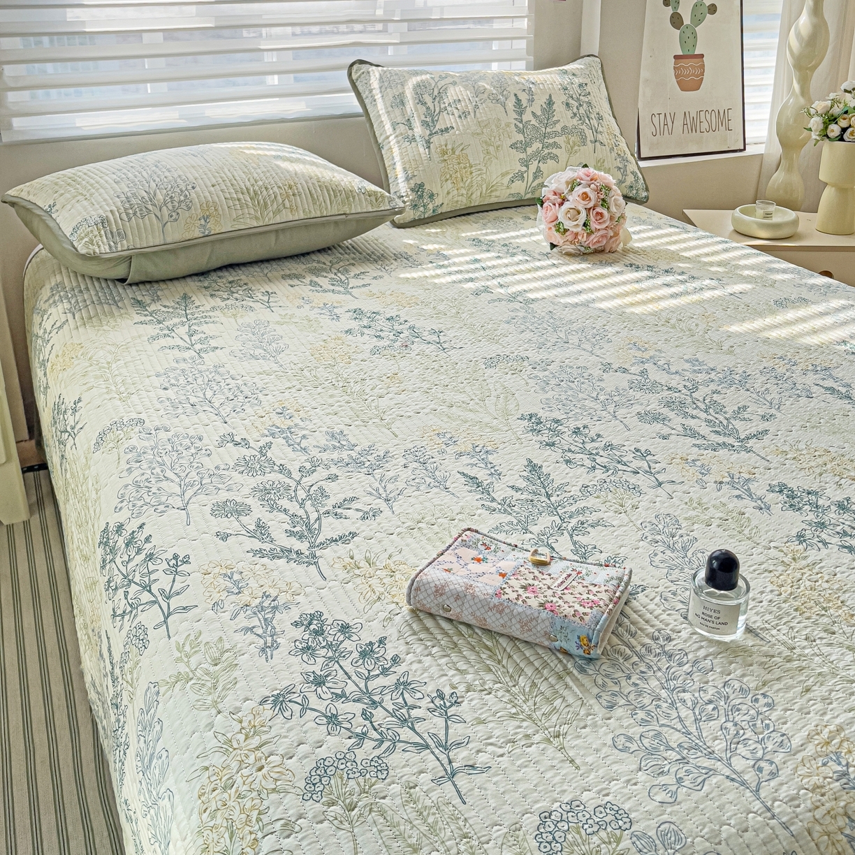 91家纺网 家纺一手货源 找家纺 暖萌 2025新款A类全棉棉花床盖印花三件套 幽兰花谷