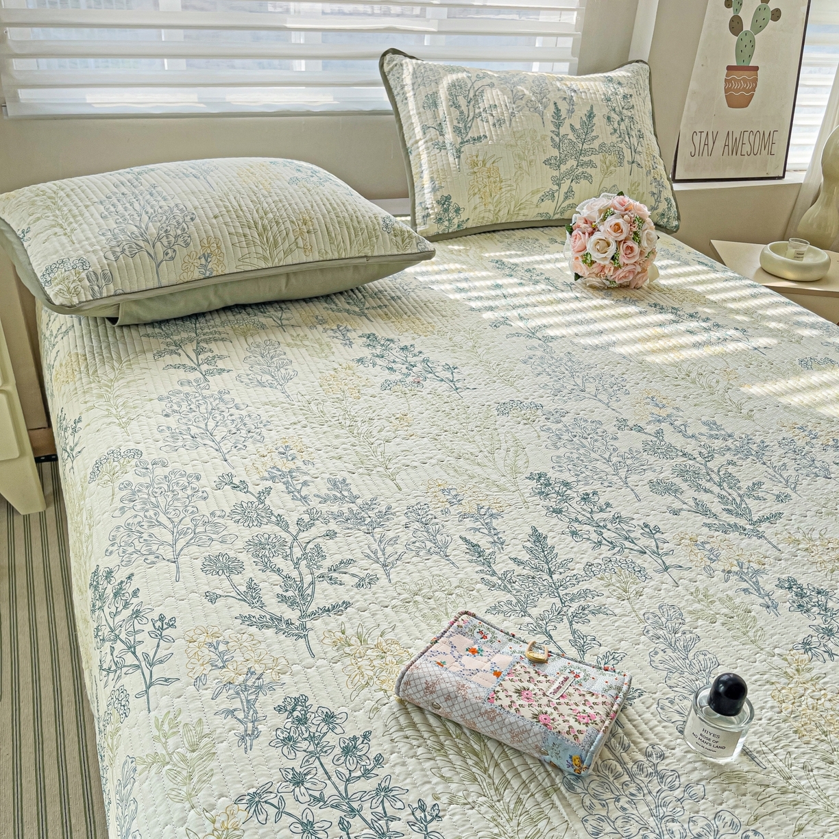 91家纺网 家纺一手货源 找家纺 暖萌 2025新款A类全棉棉花床盖印花三件套 幽兰花谷