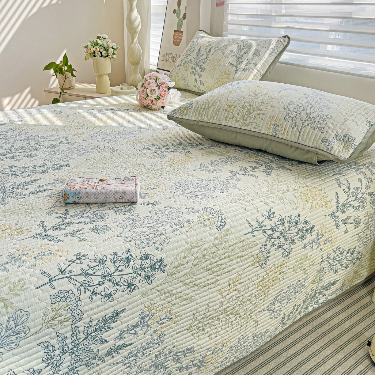 91家纺网 家纺一手货源 找家纺 暖萌 2025新款A类全棉棉花床盖印花三件套 幽兰花谷