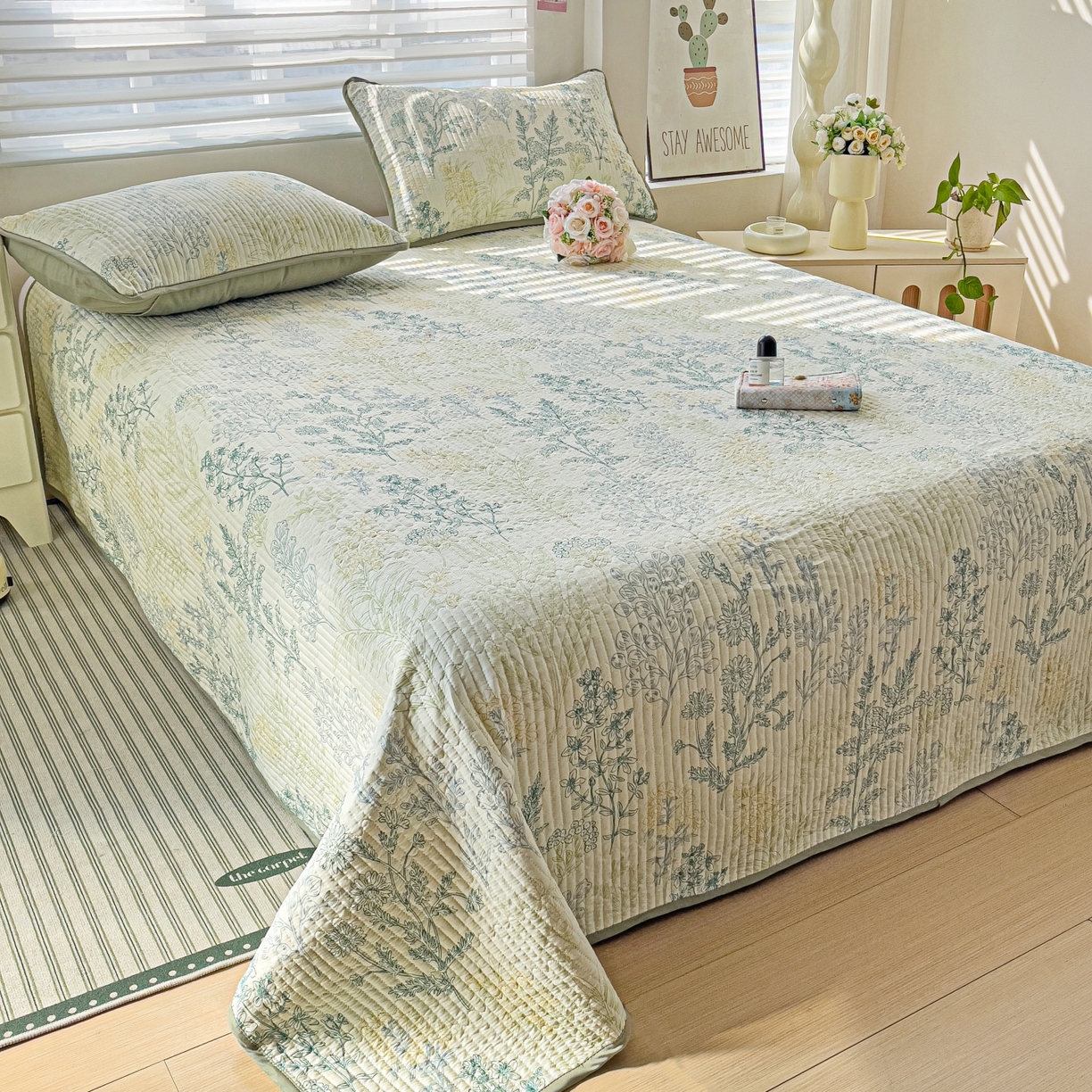 91家纺网 家纺一手货源 找家纺 暖萌 2025新款A类全棉棉花床盖印花三件套 幽兰花谷