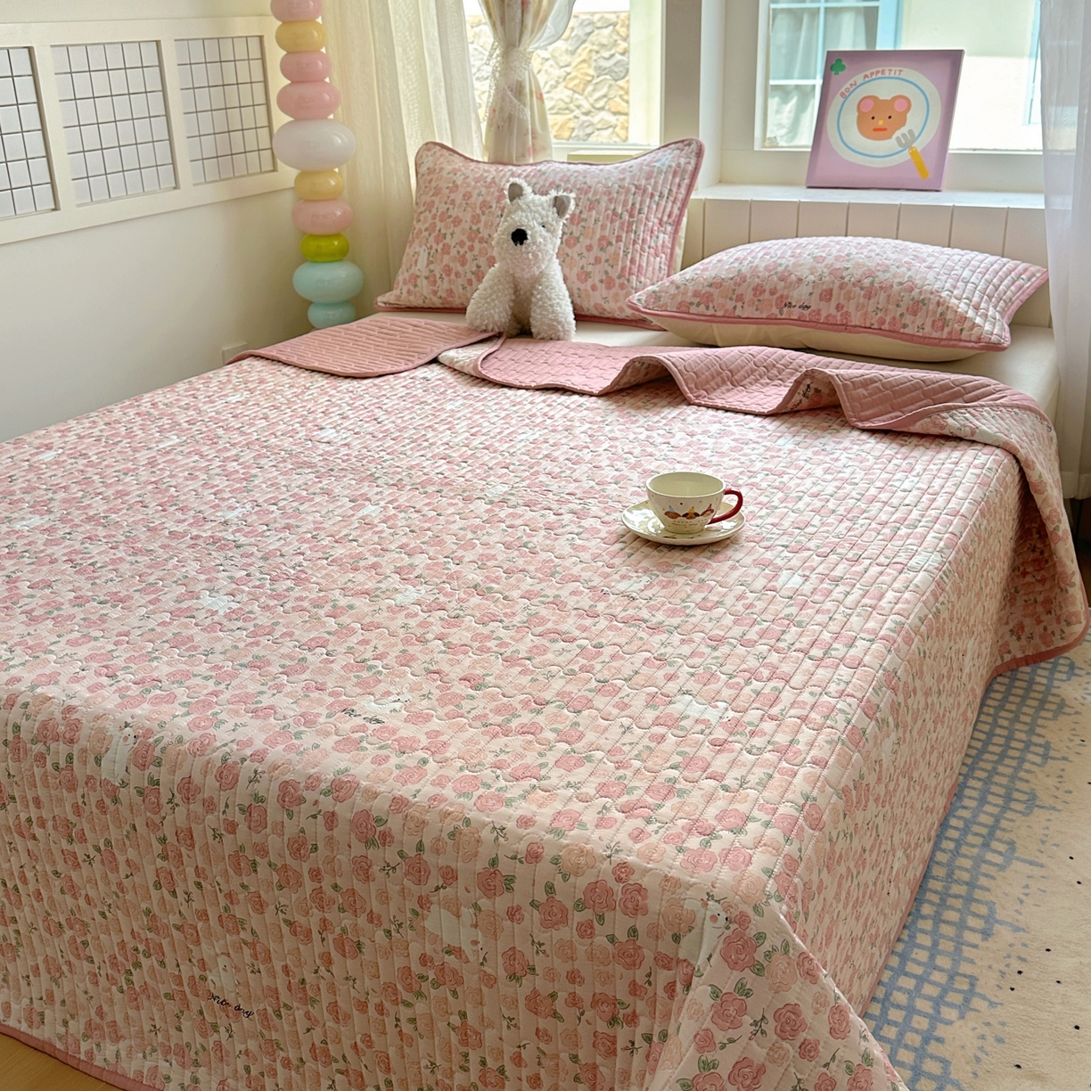 91家纺网 家纺一手货源 找家纺 暖萌 2025新款A类全棉棉花床盖印花三件套 遇见浪漫