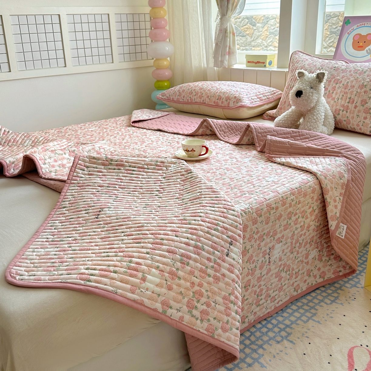 91家纺网 家纺一手货源 找家纺 暖萌 2025新款A类全棉棉花床盖印花三件套 遇见浪漫