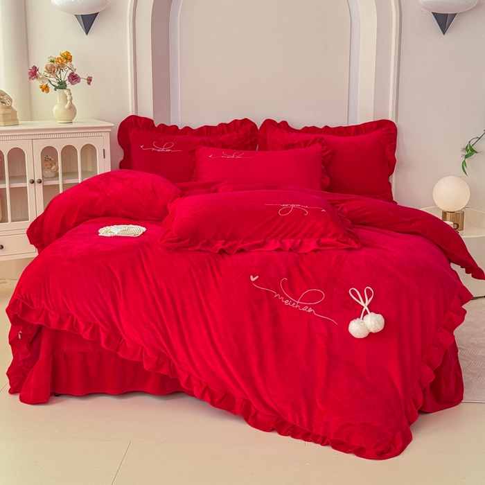 91家纺网 家纺一手货源 找家纺 （总）恋尚羽家纺 2025新款韩版花边婴儿绒绣花大床裙四件套宝宝绒婴肤绒公主风韩式