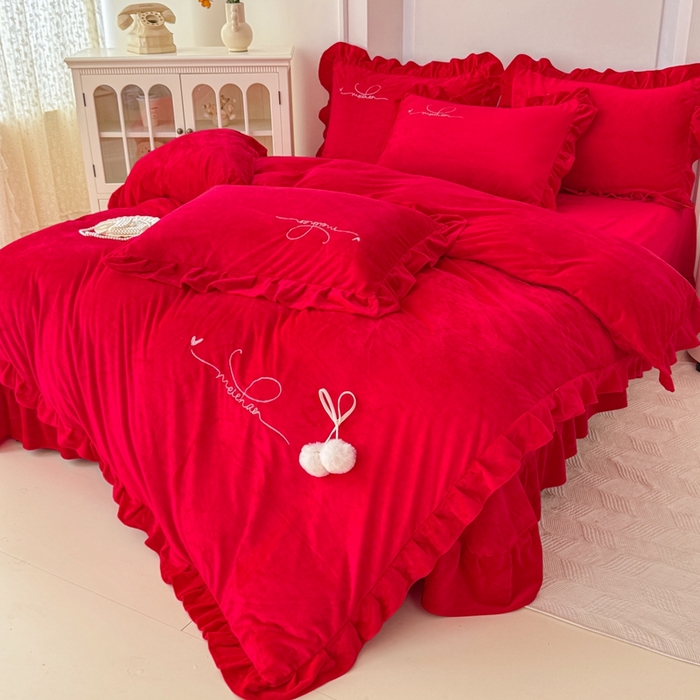 91家纺网 家纺一手货源 找家纺 （总）恋尚羽家纺 2025新款韩版花边婴儿绒绣花大床裙四件套宝宝绒婴肤绒公主风韩式