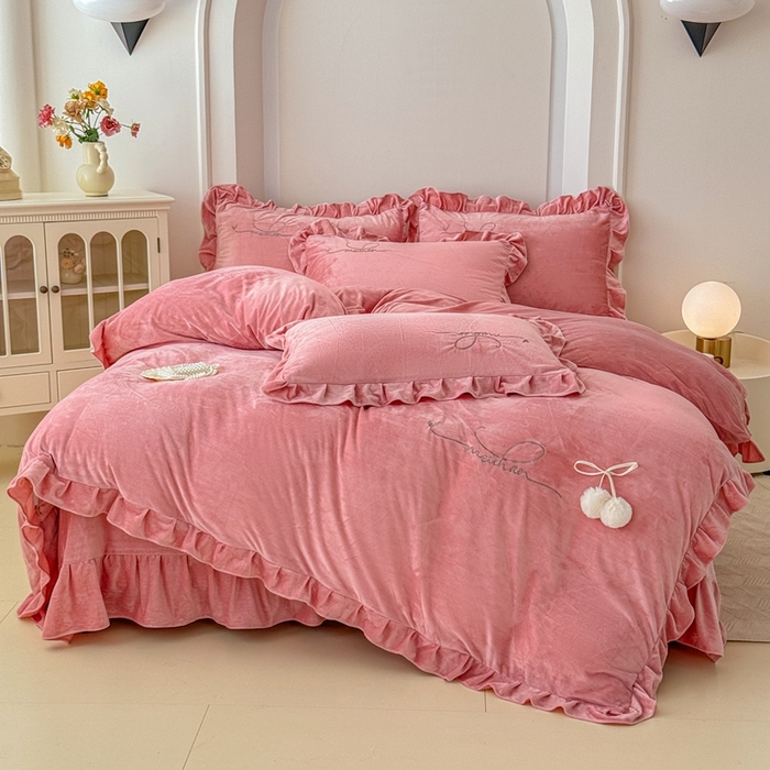 恋尚羽家纺 2025新款韩版花边婴儿绒绣花大床裙四件套宝宝绒婴肤绒公主风韩式 豆沙色