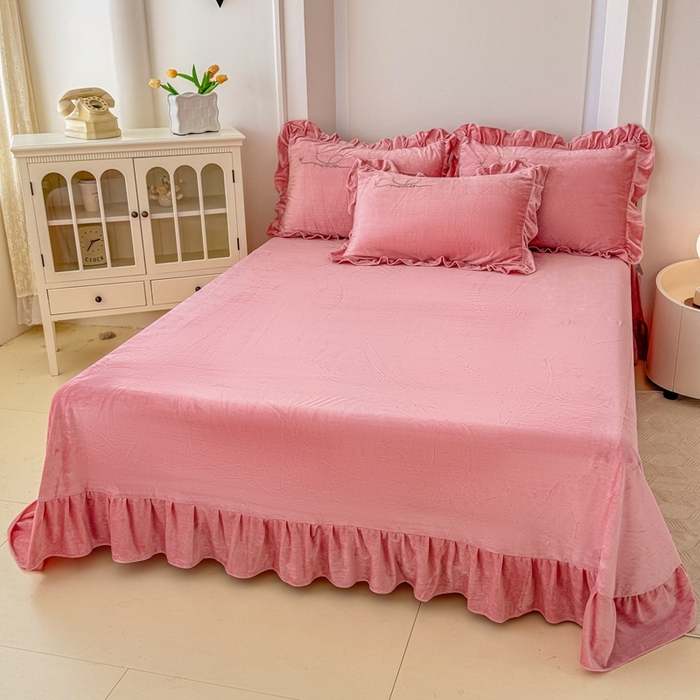 91家纺网 家纺一手货源 找家纺 恋尚羽家纺 2025新款韩版花边婴儿绒绣花大床裙四件套宝宝绒婴肤绒公主风韩式 豆沙色