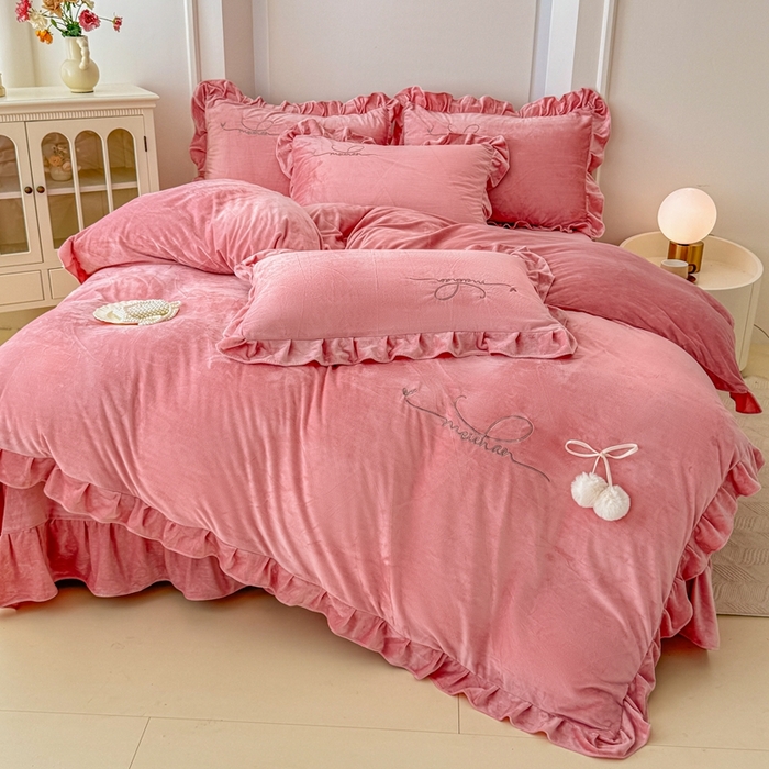 91家纺网 家纺一手货源 找家纺 恋尚羽家纺 2025新款韩版花边婴儿绒绣花大床裙四件套宝宝绒婴肤绒公主风韩式 豆沙色