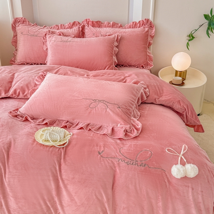 91家纺网 家纺一手货源 找家纺 恋尚羽家纺 2025新款韩版花边婴儿绒绣花大床裙四件套宝宝绒婴肤绒公主风韩式 豆沙色