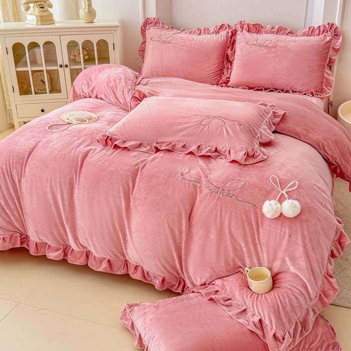 91家纺网 家纺一手货源 找家纺 恋尚羽家纺 2025新款韩版花边婴儿绒绣花大床裙四件套宝宝绒婴肤绒公主风韩式 豆沙色