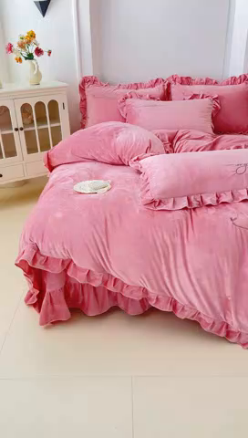 91家纺网 家纺一手货源 找家纺 恋尚羽家纺 2025新款韩版花边婴儿绒绣花大床裙四件套宝宝绒婴肤绒公主风韩式 豆沙色