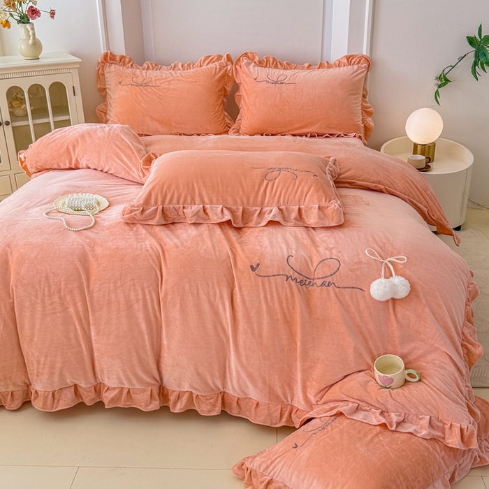 91家纺网 家纺一手货源 找家纺 恋尚羽家纺 2025新款韩版花边婴儿绒绣花大床裙四件套宝宝绒婴肤绒公主风韩式 桔色