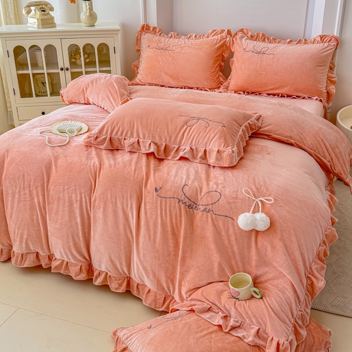 91家纺网 家纺一手货源 找家纺 恋尚羽家纺 2025新款韩版花边婴儿绒绣花大床裙四件套宝宝绒婴肤绒公主风韩式 桔色