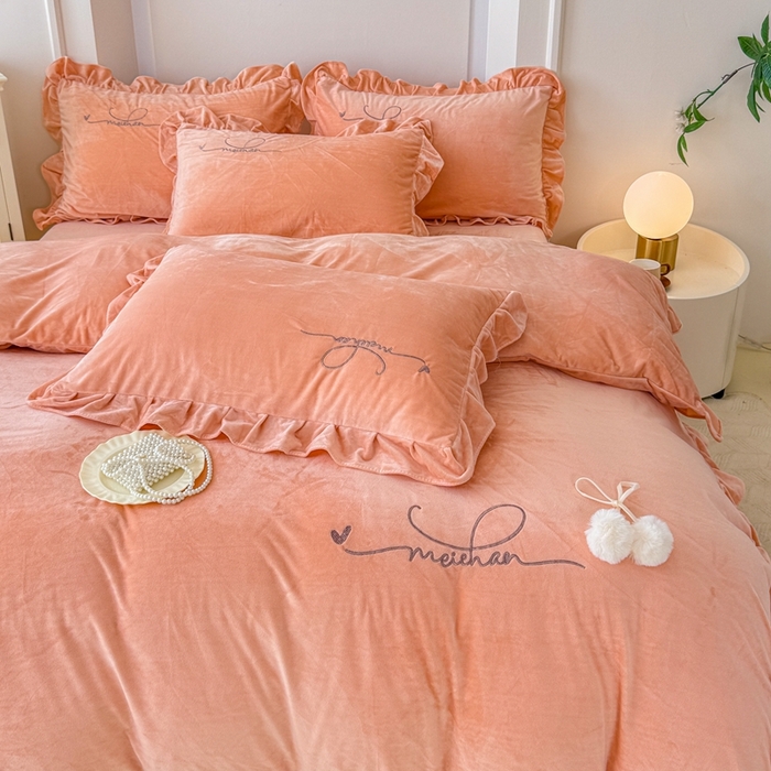 91家纺网 家纺一手货源 找家纺 恋尚羽家纺 2025新款韩版花边婴儿绒绣花大床裙四件套宝宝绒婴肤绒公主风韩式 桔色