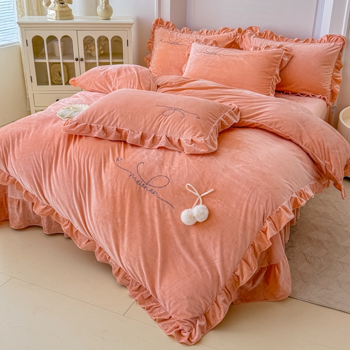 91家纺网 家纺一手货源 找家纺 恋尚羽家纺 2025新款韩版花边婴儿绒绣花大床裙四件套宝宝绒婴肤绒公主风韩式 桔色