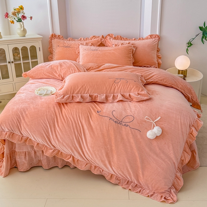 91家纺网 家纺一手货源 找家纺 恋尚羽家纺 2025新款韩版花边婴儿绒绣花大床裙四件套宝宝绒婴肤绒公主风韩式 桔色