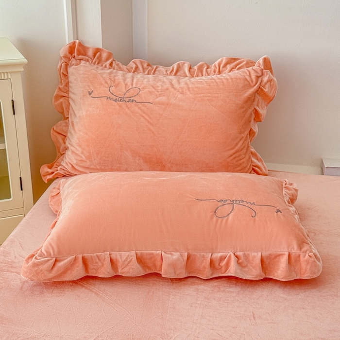 91家纺网 家纺一手货源 找家纺 恋尚羽家纺 2025新款韩版花边婴儿绒绣花大床裙四件套宝宝绒婴肤绒公主风韩式 桔色