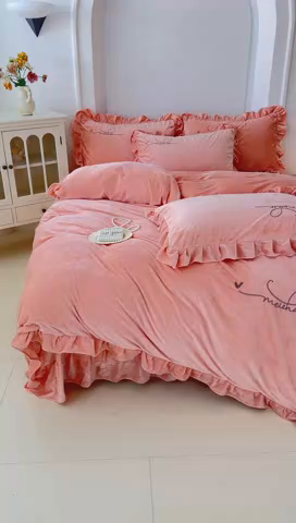 91家纺网 家纺一手货源 找家纺 恋尚羽家纺 2025新款韩版花边婴儿绒绣花大床裙四件套宝宝绒婴肤绒公主风韩式 桔色