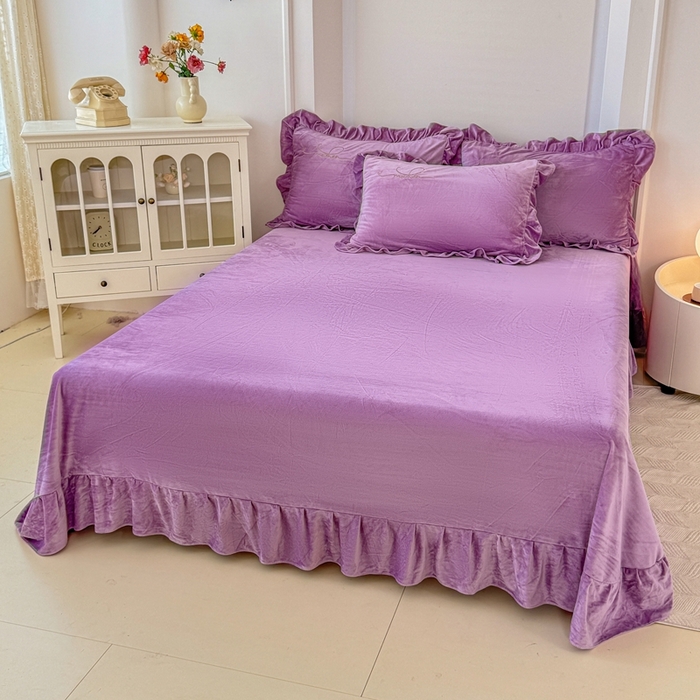 91家纺网 家纺一手货源 找家纺 恋尚羽家纺 2025新款韩版花边婴儿绒绣花大床裙四件套宝宝绒婴肤绒公主风韩式 紫色