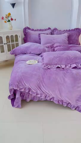 91家纺网 家纺一手货源 找家纺 恋尚羽家纺 2025新款韩版花边婴儿绒绣花大床裙四件套宝宝绒婴肤绒公主风韩式 紫色