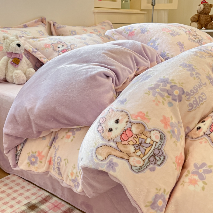 柒月家居 2025新款高克重牛奶绒印花加厚保暖四件套 花花奶猫