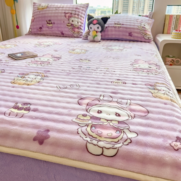 91家纺网 家纺一手货源 找家纺 摩妮卡 2025新款加厚牛奶绒泡泡绒床笠三件套 蝴蝶结美乐蒂