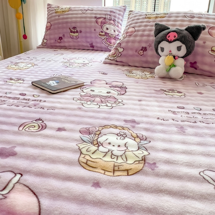 91家纺网 家纺一手货源 找家纺 摩妮卡 2025新款加厚牛奶绒泡泡绒床笠三件套 蝴蝶结美乐蒂