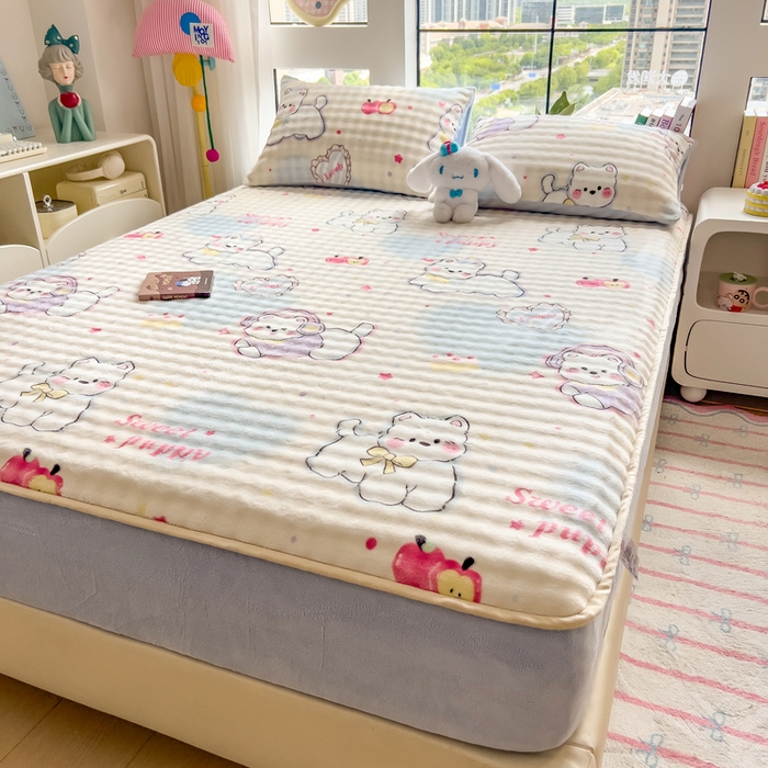 91家纺网 家纺一手货源 找家纺 摩妮卡 2025新款加厚牛奶绒泡泡绒床笠三件套 音乐猫咪