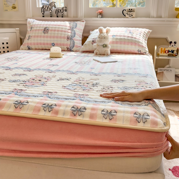 91家纺网 家纺一手货源 找家纺 摩妮卡 2025新款加厚牛奶绒泡泡绒床笠三件套 布洛尼