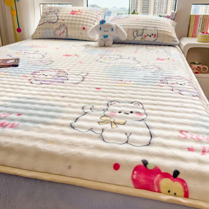 91家纺网 家纺一手货源 找家纺 摩妮卡 2025新款加厚牛奶绒泡泡绒床笠三件套 音乐猫咪