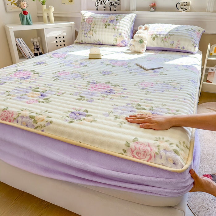 摩妮卡 2025新款加厚牛奶绒泡泡绒床笠三件套 花锦