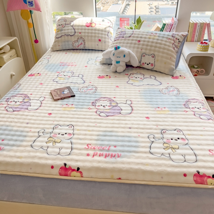 91家纺网 家纺一手货源 找家纺 摩妮卡 2025新款加厚牛奶绒泡泡绒床笠三件套 音乐猫咪