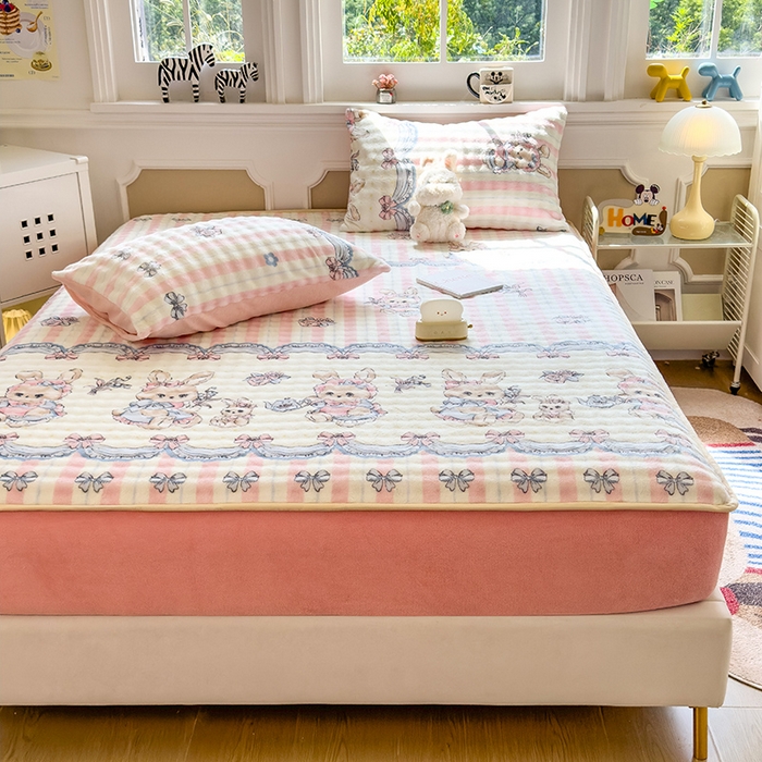 91家纺网 家纺一手货源 找家纺 摩妮卡 2025新款加厚牛奶绒泡泡绒床笠三件套 布洛尼