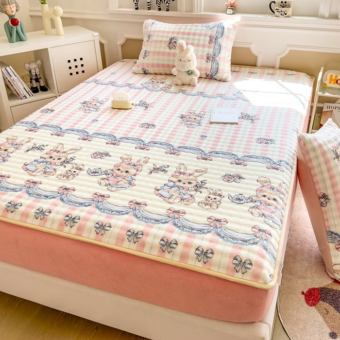 91家纺网 家纺一手货源 找家纺 摩妮卡 2025新款加厚牛奶绒泡泡绒床笠三件套 布洛尼