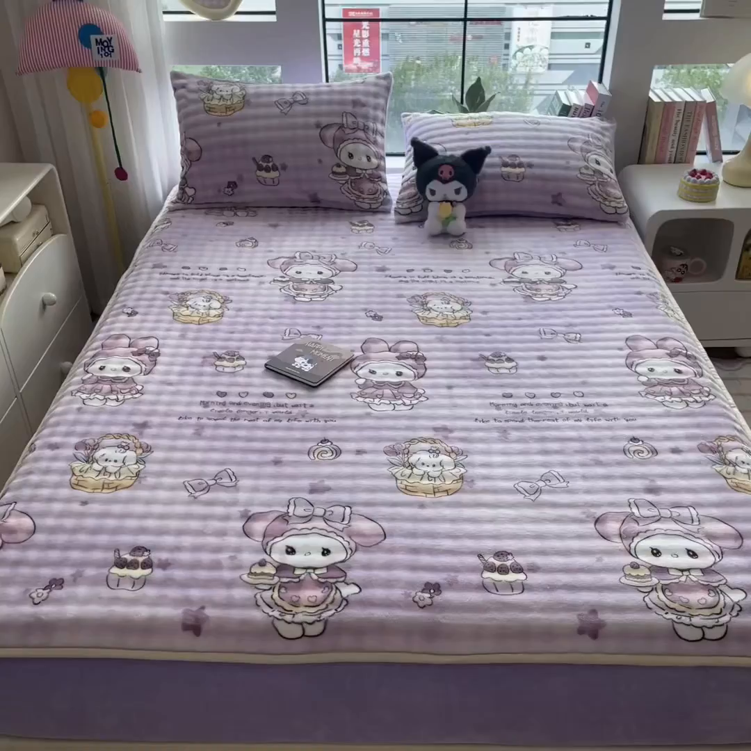 91家纺网 家纺一手货源 找家纺 摩妮卡 2025新款加厚牛奶绒泡泡绒床笠三件套 蝴蝶结美乐蒂