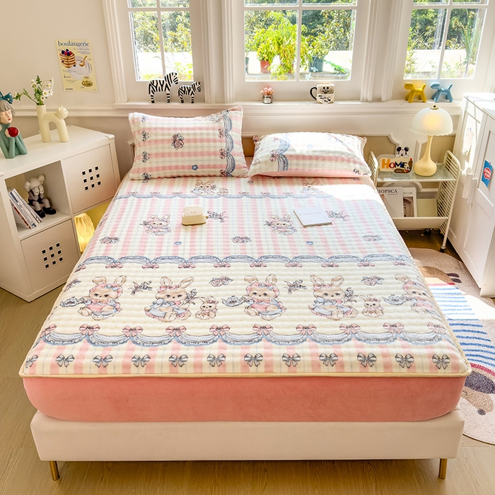 91家纺网 家纺一手货源 找家纺 摩妮卡 2025新款加厚牛奶绒泡泡绒床笠三件套 布洛尼