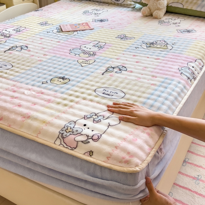 摩妮卡 2025新款加厚牛奶绒泡泡绒床笠三件套 可爱兔兔