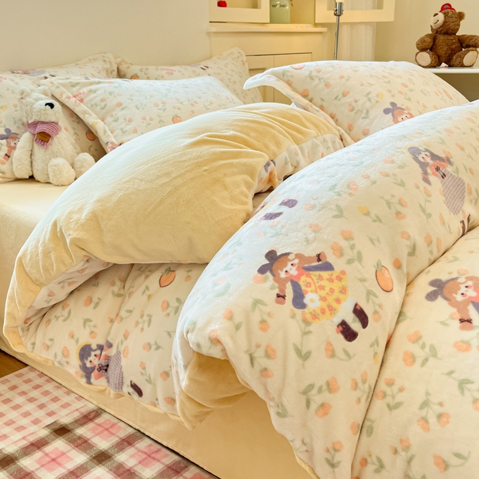 柒月家居 2025新款高克重牛奶绒印花加厚保暖四件套 森系女孩