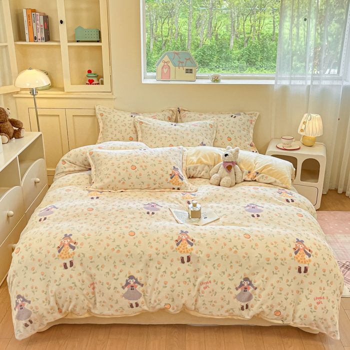 91家纺网 家纺一手货源 找家纺 柒月家居 2025新款高克重牛奶绒印花加厚保暖四件套 森系女孩