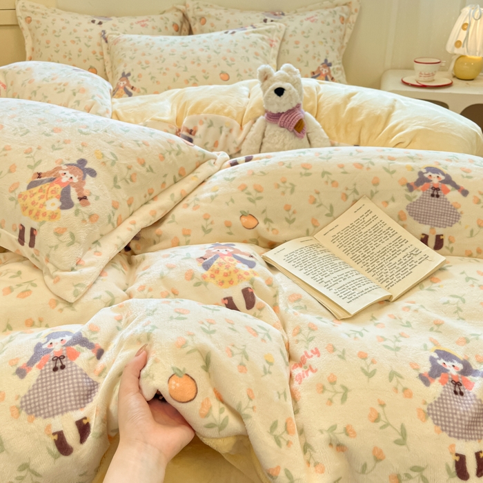 91家纺网 家纺一手货源 找家纺 柒月家居 2025新款高克重牛奶绒印花加厚保暖四件套 森系女孩