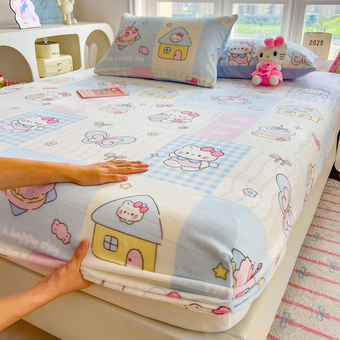 91家纺网 家纺一手货源 找家纺 （总）摩妮卡 2025新款印花系列小清新牛奶绒印花床笠三件套