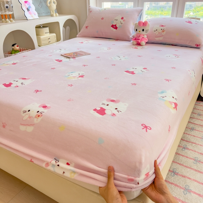 摩妮卡 2025新款印花系列小清新牛奶绒印花床笠三件套 萌系凯蒂猫