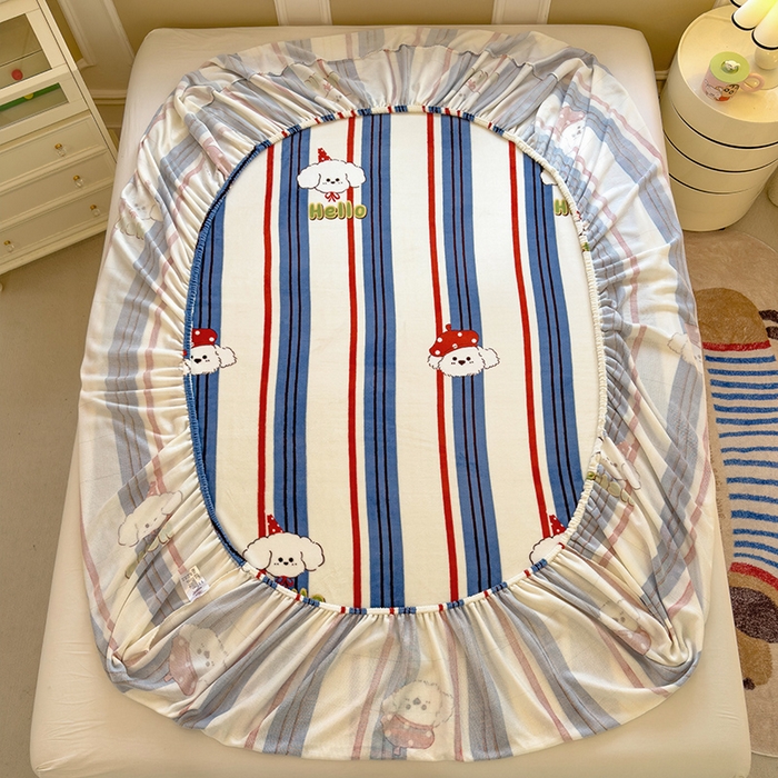 91家纺网 家纺一手货源 找家纺 摩妮卡 2025新款印花系列小清新牛奶绒印花床笠三件套 旺星人