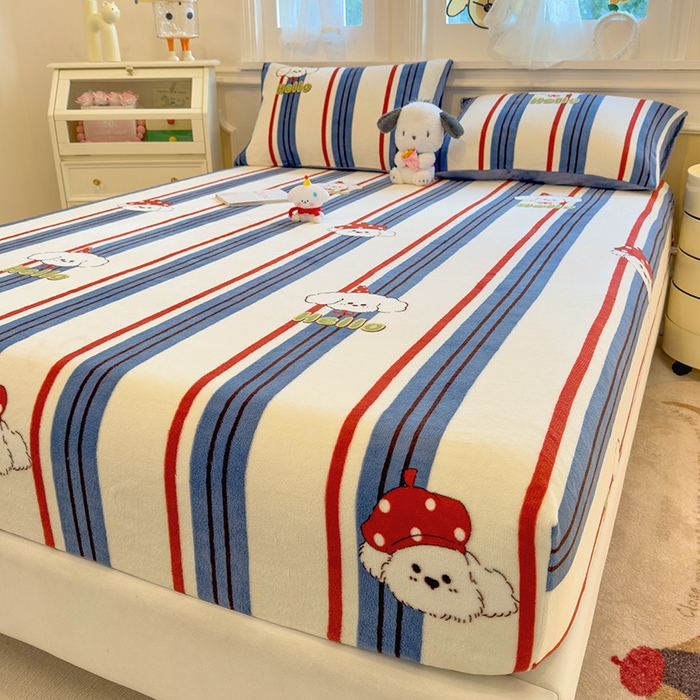 91家纺网 家纺一手货源 找家纺 摩妮卡 2025新款印花系列小清新牛奶绒印花床笠三件套 旺星人