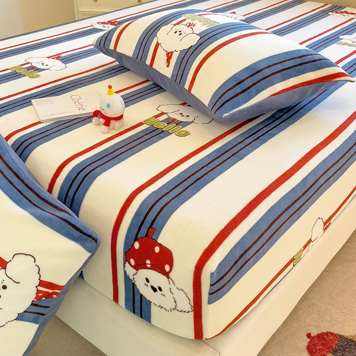 91家纺网 家纺一手货源 找家纺 摩妮卡 2025新款印花系列小清新牛奶绒印花床笠三件套 旺星人