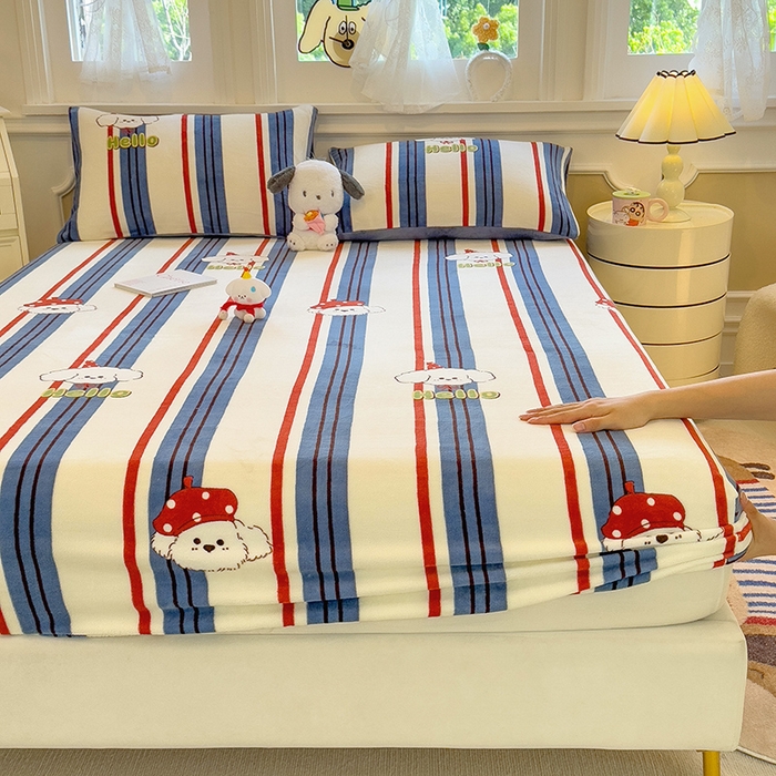 91家纺网 家纺一手货源 找家纺 摩妮卡 2025新款印花系列小清新牛奶绒印花床笠三件套 旺星人