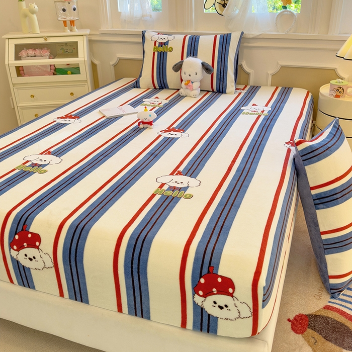 91家纺网 家纺一手货源 找家纺 摩妮卡 2025新款印花系列小清新牛奶绒印花床笠三件套 旺星人