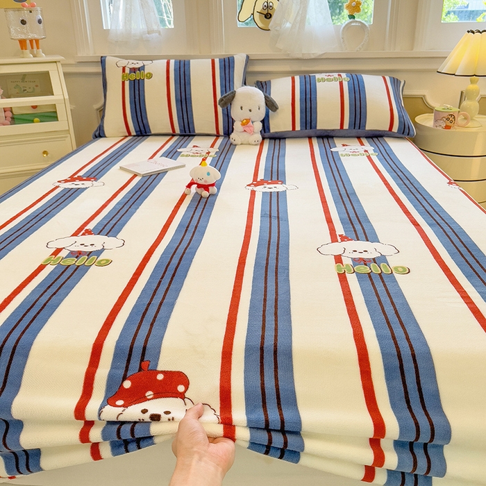 91家纺网 家纺一手货源 找家纺 摩妮卡 2025新款印花系列小清新牛奶绒印花床笠三件套 旺星人