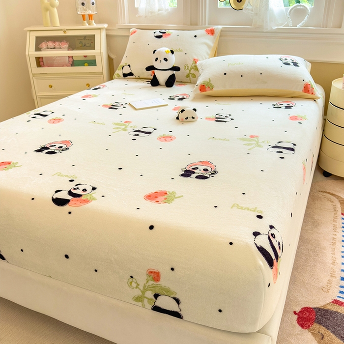 91家纺网 家纺一手货源 找家纺 摩妮卡 2025新款印花系列小清新牛奶绒印花床笠三件套 小可爱