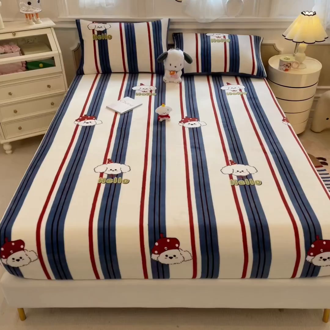 91家纺网 家纺一手货源 找家纺 摩妮卡 2025新款印花系列小清新牛奶绒印花床笠三件套 旺星人